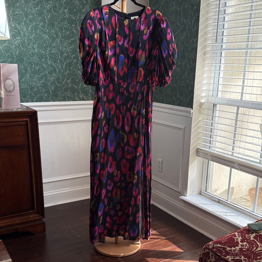 Farm Rio Black Iridescent Leopards Slit Midi Dress